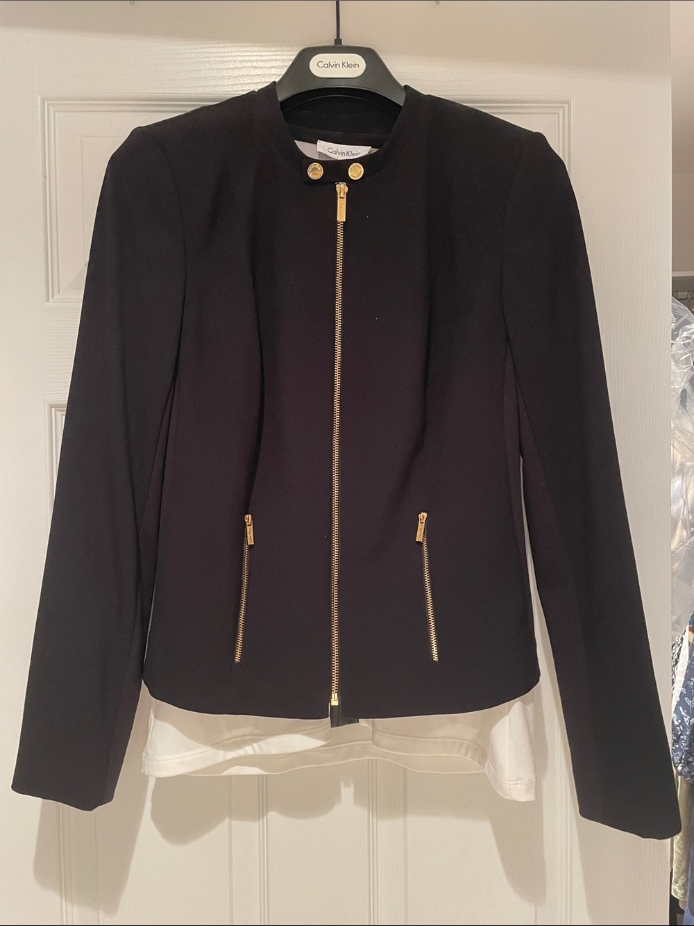 Calvin Klein Black Zip-Front Blazer with Gold Accents